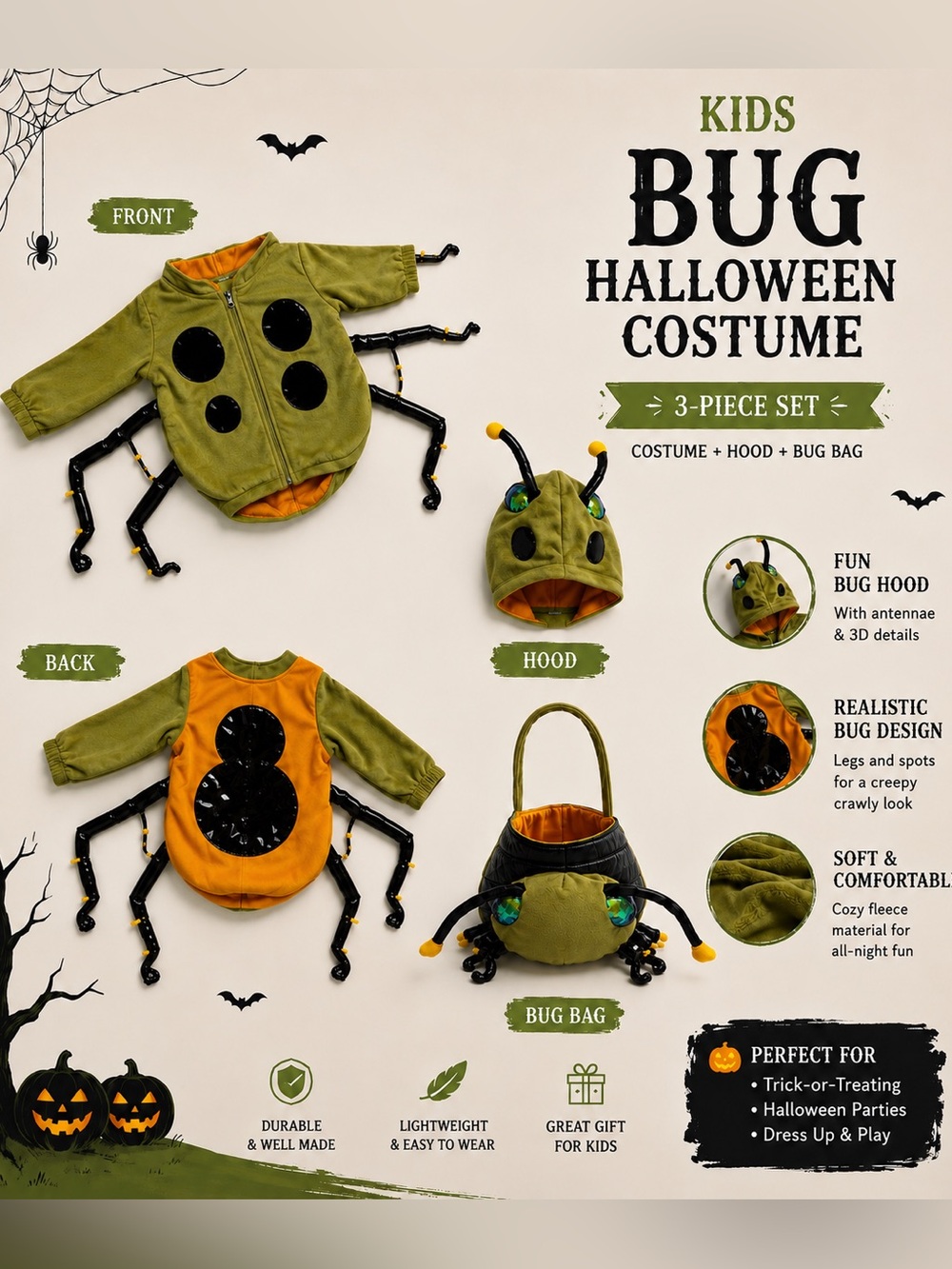 Kids Bug 3 Piece Hoodie , Bag & Hat Halloween Costume Set